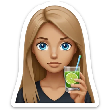 tan woman, black shirt, long light brown straight hair, grey blue eyes, holding a shot with lime sticker