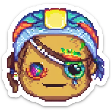 pirate with rainbow eyepatch and earring, smiling, pixel art style sticker