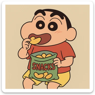 Shin Chan character, eating snacks, cheerful mood sticker