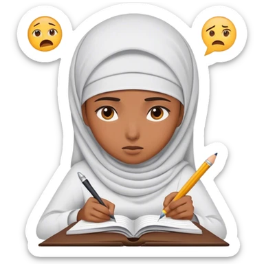 muslim girl writing in notebook with difficulty, with confusion, emoji question sticker