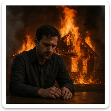 a man sits sadly at a table, a house is burning behind him, dramatic emotional scene sticker