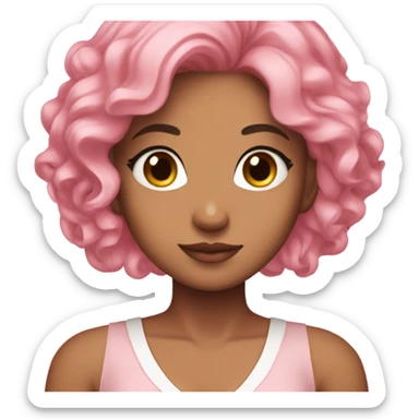 karina from aespa. with pink hair, wearing a light pink dress with a ribbon in the middle. Her hair is a beautiful layered model. sticker