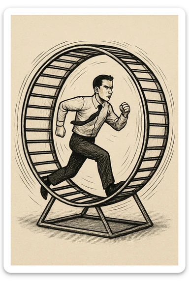 uomo che corre dentro la ruota del criceto come un circolo vizioso sticker