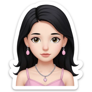 Menina branca ,cabelos pretos longos, olhos pretos puxados para cima. Cílios longos, lábios grossos ,nariz pequeno.vestido rosa claro de alça. Colar e brinco prata pontinho pequeno. Jovem  de 16 anos  sticker