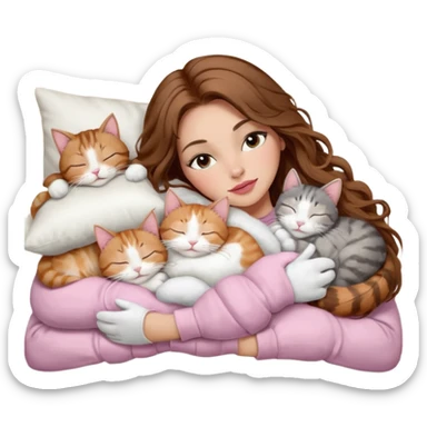 girl with long wavy brown hair, brown eyes, long lashes makeup, sexy pink lips, light to medium complexion,  sleeping on a cozy pillow, with 6 cats: 1 brown and white tabby cat, 1 ginger and white, 2 grey and white, 1 grey has white mittens and small white patch on its chest and 1 calico, sleeping sticker