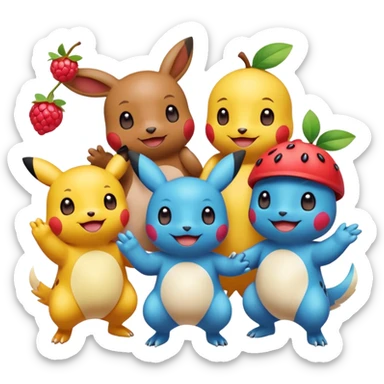 Three Pokémon characters showing kindness and teamwork. One Pokémon is handing a berry to another, while the third Pokémon is cheering and clapping happily. They look joyful and friendly, standing close together in a bright, colorful cartoon scene. The style is cute, playful, and emoji-like. sticker