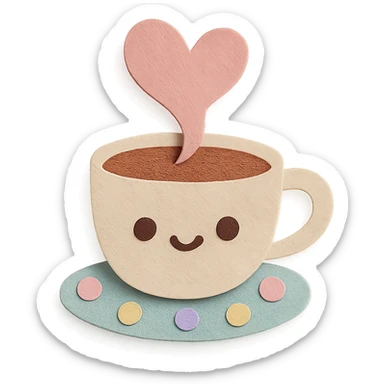 coffee cup with heart-shaped steam, kawaii style, pastel polka dot background sticker