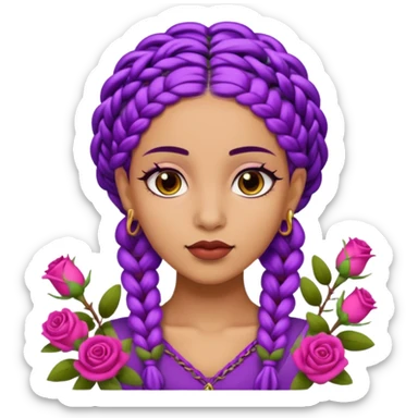 Olive skin queen with purple braids, brown eyes surrounded by roses sticker