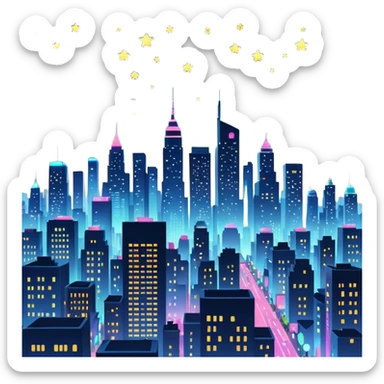 8k quailty, extremely high resolution.  bustling city skyline at nightfall, with detailed towering buildings, detailed neon glowing lights, sparkly stars above in background in dark color sky, urban-themed sticker