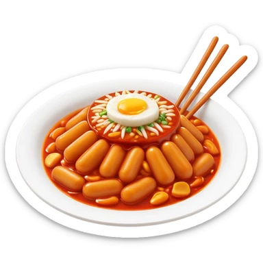 Cinematic Realistic Tteokbokki Dish Emoji, showcasing spicy, chewy rice cakes in a fiery sauce rendered with lifelike detail and bold, dynamic lighting. sticker