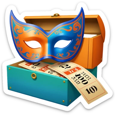 a box and a carnival mask in orange, blue and green with tickets as a bundle sticker