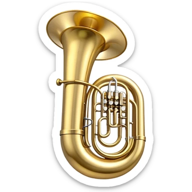 Create a large and bold emoji representing a tuba. The design should feature the tuba’s iconic, large, curved brass body, with its wide bell and tubing wrapping around. Highlight the visible valves and their metal buttons, showcasing the characteristic structure of the instrument. The brass finish should be shiny, with golden tones and subtle reflective light effects to highlight its polished surface. Add soft musical notes or soundwaves emanating from the bell to evoke the deep, resonant sound of the tuba. The background should be transparent. sticker