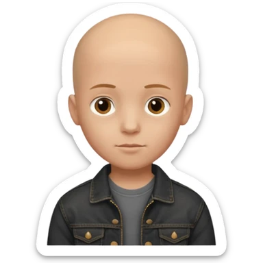  a young boy with bald head, black jeans jacket, plain forehead sticker