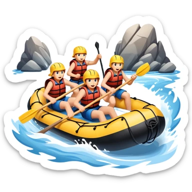 A group of adventurers paddling a raft through wild, fast-moving river rapids. The scene includes splashing water, rugged rocks, and intense action, emphasizing the excitement and teamwork of rafting in challenging conditions. sticker