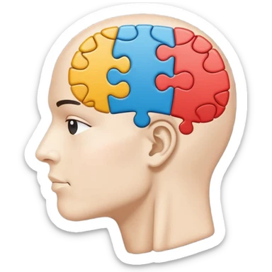 Minimalistic flat vector icon, iOS style, thin black contour on white background. Human head profile with a brain inside, split into puzzle pieces. No text, no shadows. sticker