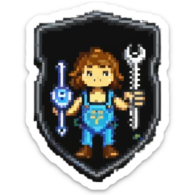 Shield-shaped badge with pixel art person holding car wrench key, colorful IT support design sticker