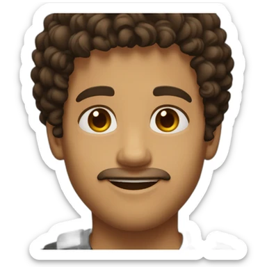 man short dark brown hair curls on forehead with brown eyes smiling black shirt light skin sticker