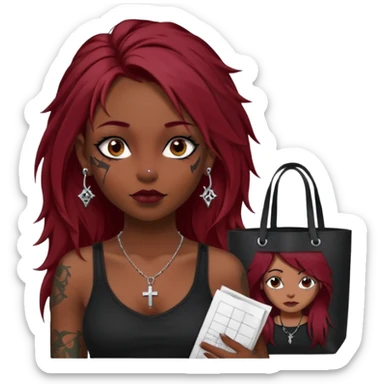 generate an ios genmoji of a girl with long dark red messy hair with eyeliner on her eyes.  septum piercing, wearing a cami black top, has tattoos, on shoulders. ear piercings. wearing a cross silver necklace. carrying a tote bag on her shoulders with chart paper peeking out. sticker