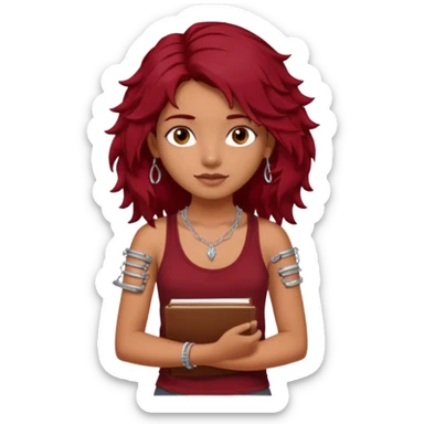 a pretty tan indian bratz girl with messy dark wavyred hair, wearing a dark red tank top, layered silver necklaces. Carrying multiple sketchbooks and pens sticker