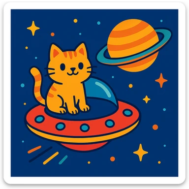 a cat sitting on a UFO flying near Saturn, vibrant and playful style sticker