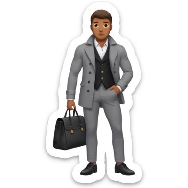 Handsome Black guy with brown skin tone, with lean muscular build, wearing gray slacks, a long sleeved white button up top, black shoes, and a black pea coat  sticker