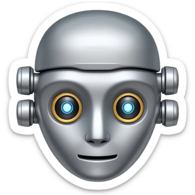 A friendly robot face with innocent eyes and an uncovered brain sticker