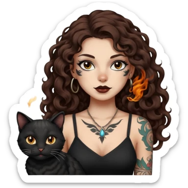 woman with long curly brown hair, brown eyes, white skin, tattoos, black cat turning into smoke and back sticker