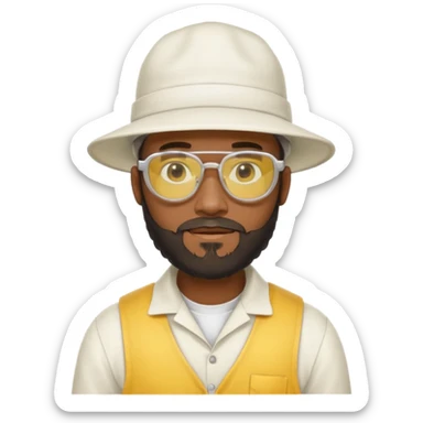 black male bee keeper with beard, white hat and yellow glasses, white outfit,  sticker