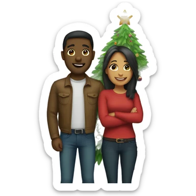Couple standing by a Christmas tree  sticker