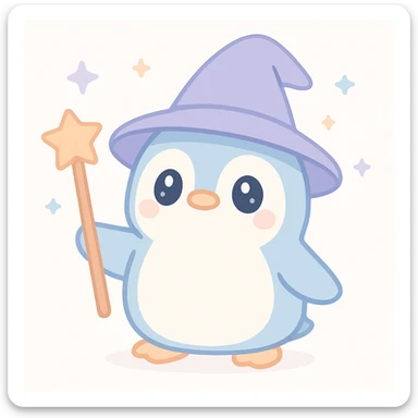 cute and whimsical penguin dressed as a wizard, wearing a pointed hat and holding a magic staff sticker