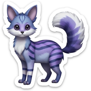  dull-colored gloomy-dark-deep-grayish-indigo-violet-gradients ghostly spectral spooky fur with random dark markings beautiful elegant pretty precious cute  Fakémon-Pokémon-opossum-feline-serval-caracal-chinchilla-Minccino-hybrid-creature with a big fluffy bushy striped tail (full body) sticker