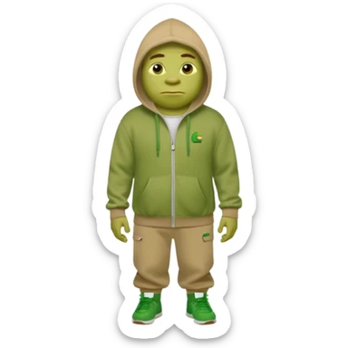 Shrek en tn avec une cagoule un jogging Lacoste avec un pull CP company sticker