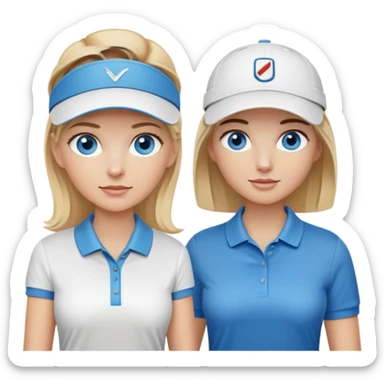 Blonde woman with blue eyes wearing golf visor playing golf with white man with brown hair and brown eyes wearing blue polo sticker