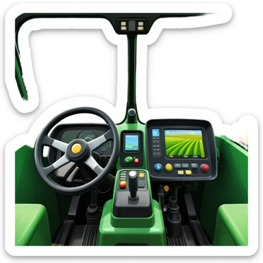 a view from the tractor cabin, with the dashboard in focus, overlooking a vibrant rural landscape. Inspired by Farming Simulator 22, the scene includes fields, crops, and distant barns under a bright sky. The design highlights the immersive experience of farm management. transparent background sticker