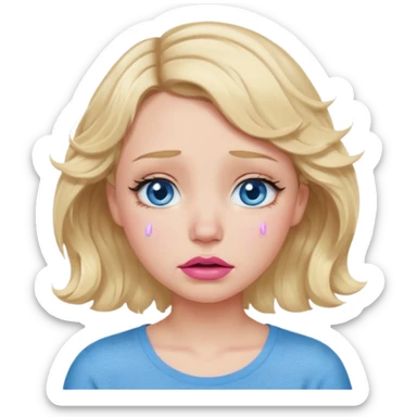 Girl Blonde short wavy hair,  blue eyes, cute blue top, long lashes, pink lips,crying with tears running down the face  sticker
