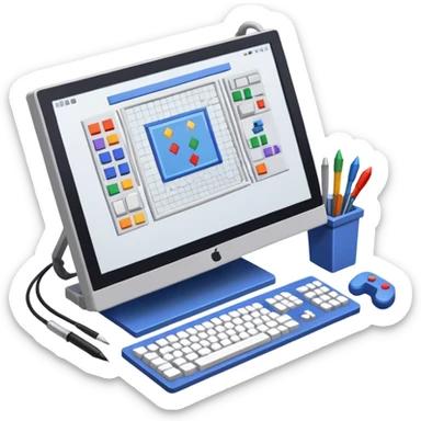 Professional icon for Game Design: computer screen with game interface, 3D models, pixel art, grid, and wireframe. Tools like stylus and controller. Focus on design and development process. Transparent background. sticker