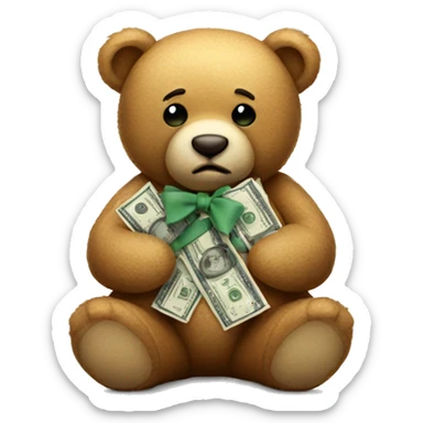 Sad teddy bear with bow holding money sticker