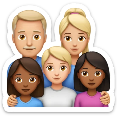 Create a family emoji with a white dad and black mom and 3 daughters of 15, 13 and 11 years old sticker