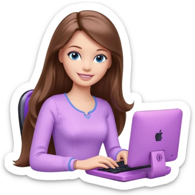 beautiful barbie girl with long brown hair, blue eyes and wearing light purple clothes playing computer games sticker