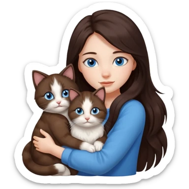 a pretty girl with long dark 
brown hair, with blue eyes, hugs 3 different natural coloured small cats sticker