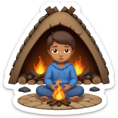apple style emoji of a small child sitting on the floor, fire nearby, sad face sticker
