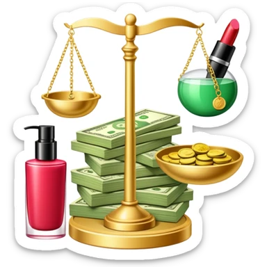gold scale with a stack of green dollar bills and coins on one side and beauty products including lipstick, perfume, and makeup on the other sticker