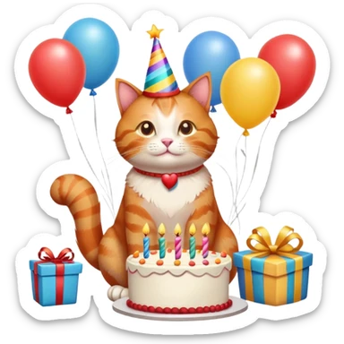 Ginger cat celebrates birthday, birthday hat, birthday cake, balloons, happy, gifts sticker