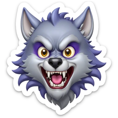 Cinematic Comical Werewolf Portrait Emoji, with a whimsically exaggerated lupine face in vivid moonlit grays and silvers, head cocked in a dramatically shocked expression with comically oversized, wide eyes and a playful snarl, simplified yet hilariously expressive, highly detailed with a soft cartoonish glowing outline capturing the mischievous humor of a werewolf mid-transformation! sticker