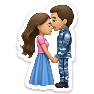 Brunette girl wearing a pink dress kissing  boy in blue camouflage  sticker