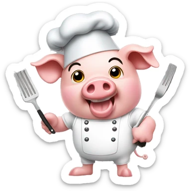 Pig with chef hat cooking corn on a bbq grill with tongs in its hand  sticker
