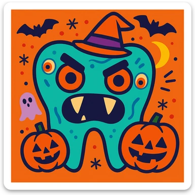 colorful and fun illustration of a tooth with Halloween theme, featuring spooky details like fangs, eyes, and pumpkin decorations sticker