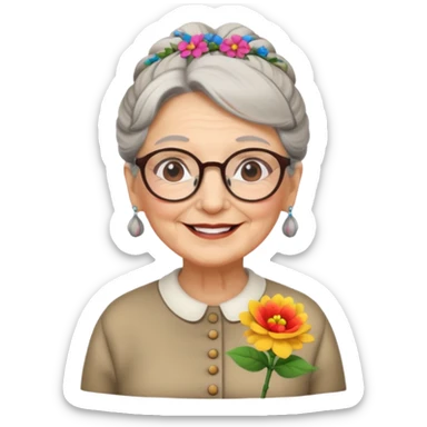 very old lady grandma wearing glasses with a bun and a flower in her hair emoji sticker