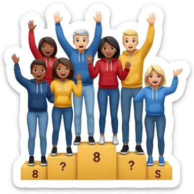 multi-racial group on a winners’ podium, middle step higher, all in jeans and hoodies, excited, fun emoji style sticker