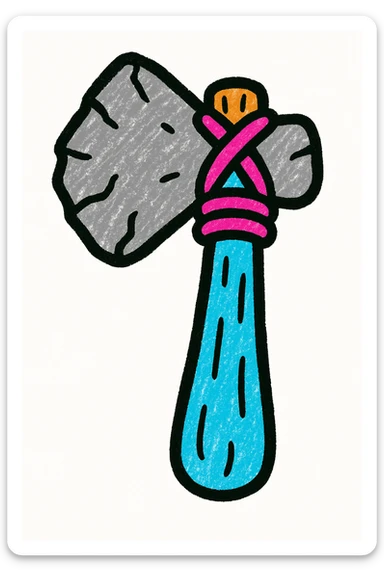 conpep-style cartoon Stone Age hand axe, featuring a rough gray stone blade, textured wooden handle, and thick rope binding. Centered on a white background, with soft shadows and glossy highlights for a 3D emoji-like appearance. sticker
